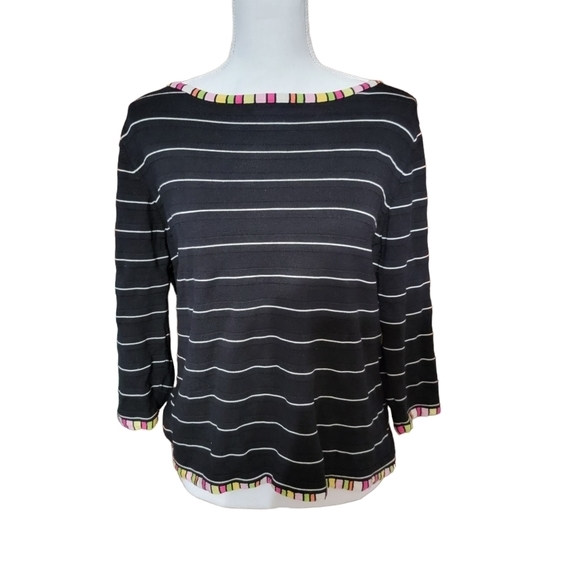 Silks Black and White Knit Top Womens‎ XL Colorful Striped Neckline Hem Blouse - Picture 1 of 4